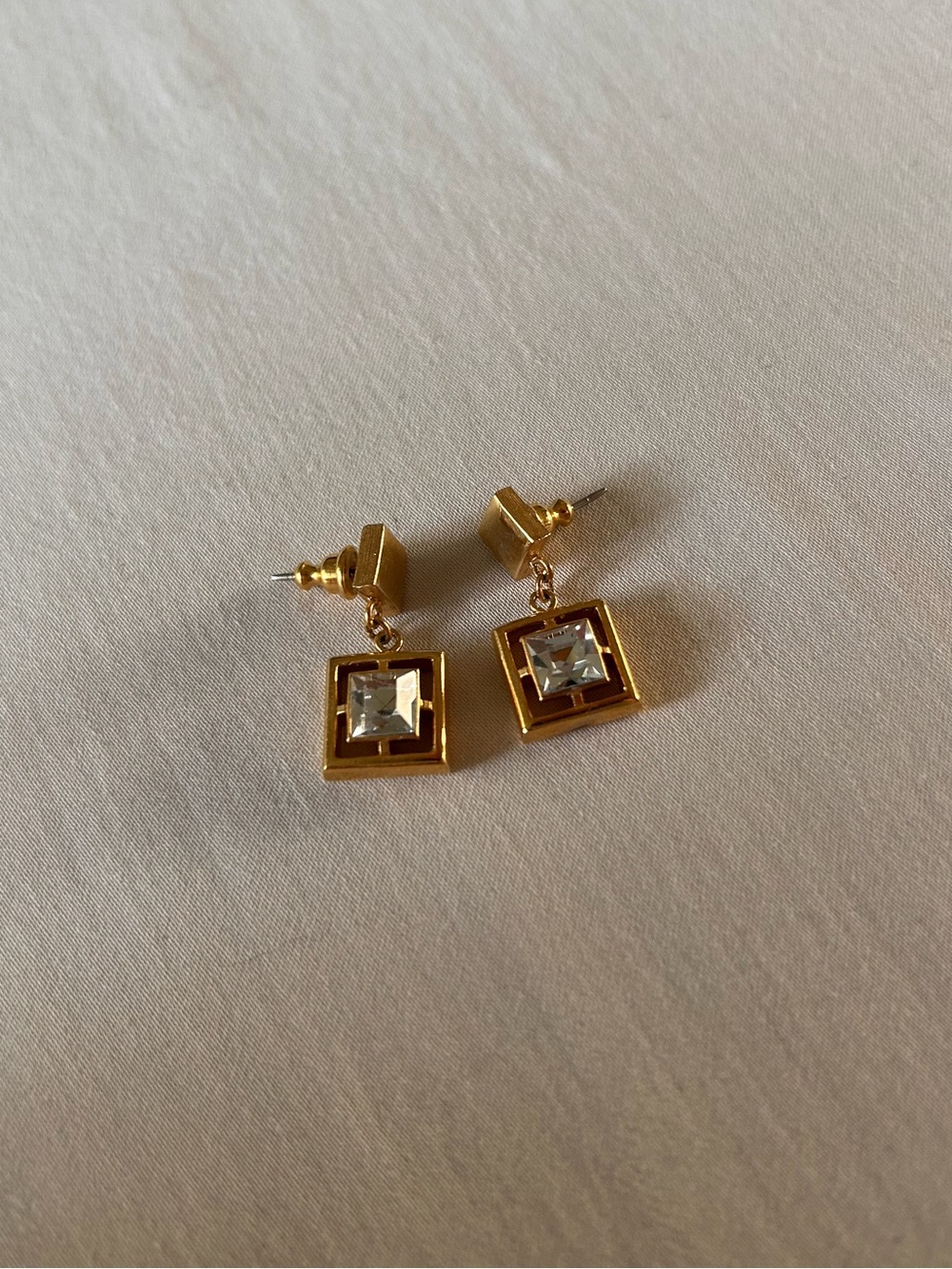 Gold Tone Geometric Square Crystal Drop Earrings